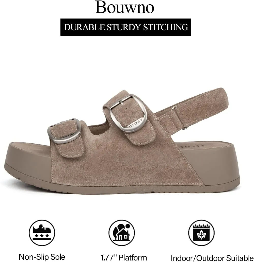 Genuine Leather Platform Sandals Women Slip-on Beach Sandals Slide Buckle Comfortable with Ankle Strap Soft Lining and Open Toe Low Wedges
