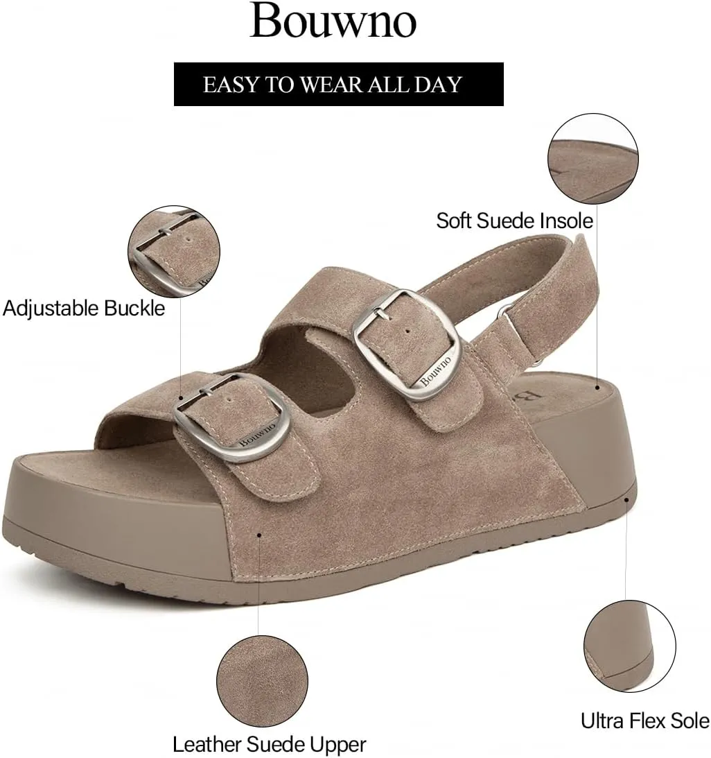 Genuine Leather Platform Sandals Women Slip-on Beach Sandals Slide Buckle Comfortable with Ankle Strap Soft Lining and Open Toe Low Wedges