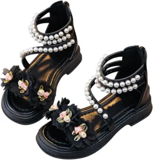 Girls' Sandals Summer Flowers Pricness Pearl Dress Shoes Open Toe Ankle Strap Lightweight Beach Sandals For Toddler (Black, 12.5 Little Child)
