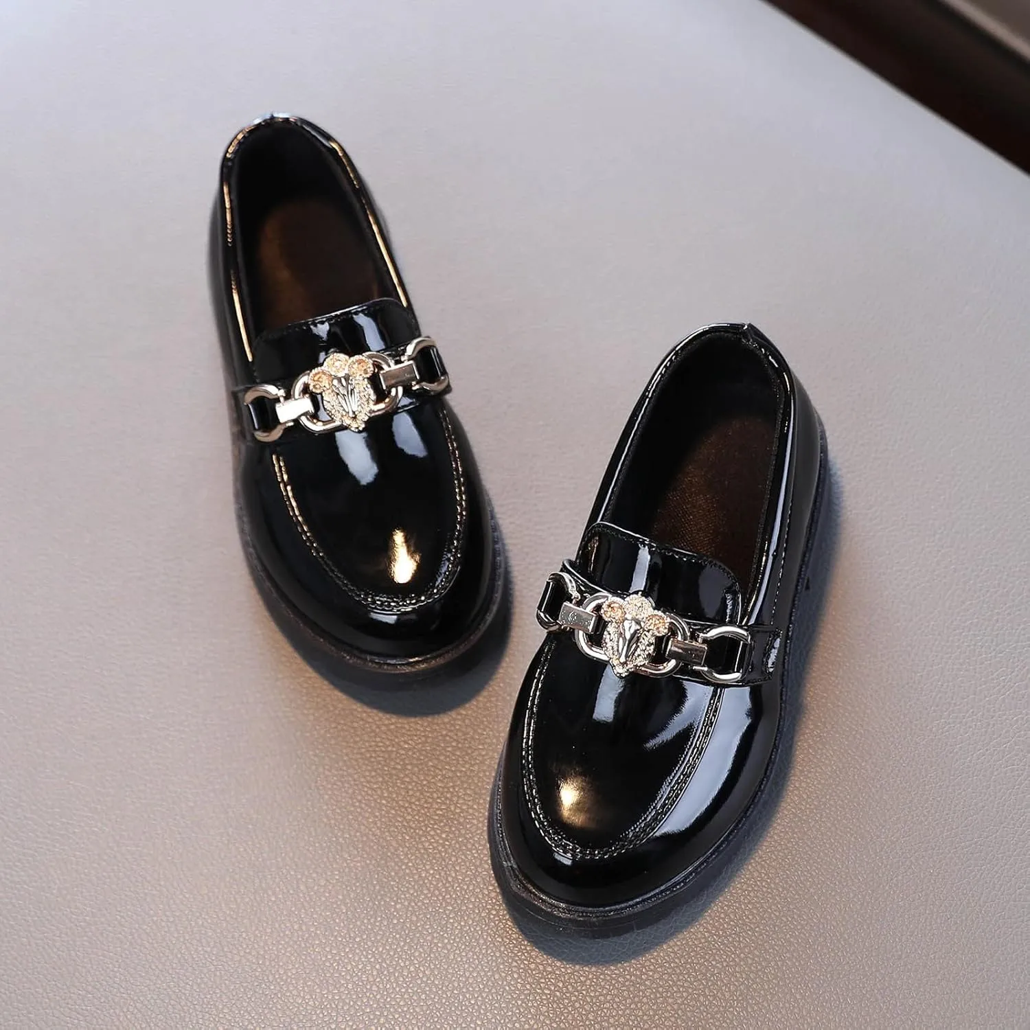 Girls Slip On Leather Shoes Loafer Rhinestone Decoration School Dress Shoes for Girls Kid Rain Boot