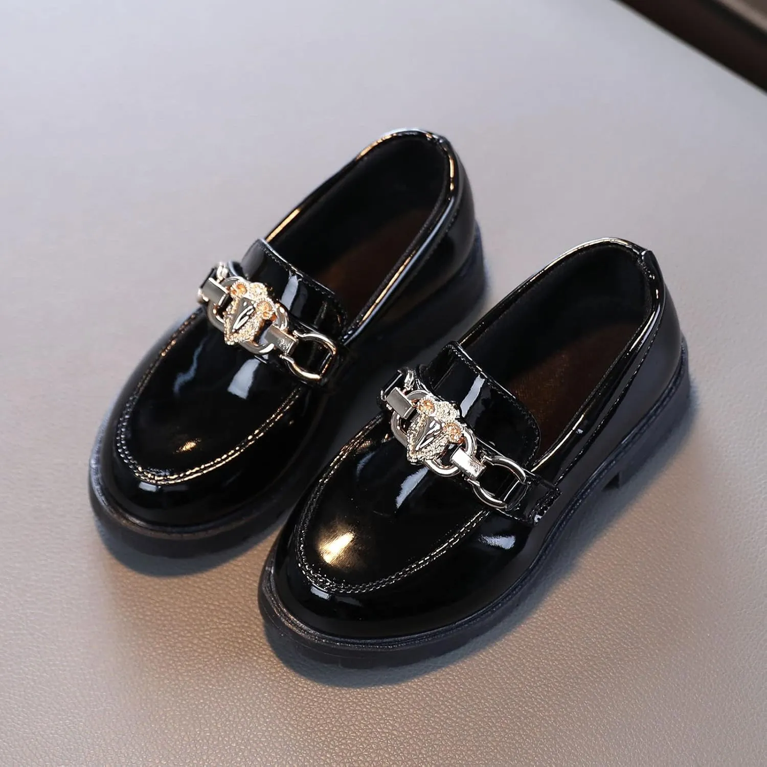 Girls Slip On Leather Shoes Loafer Rhinestone Decoration School Dress Shoes for Girls Kid Rain Boot
