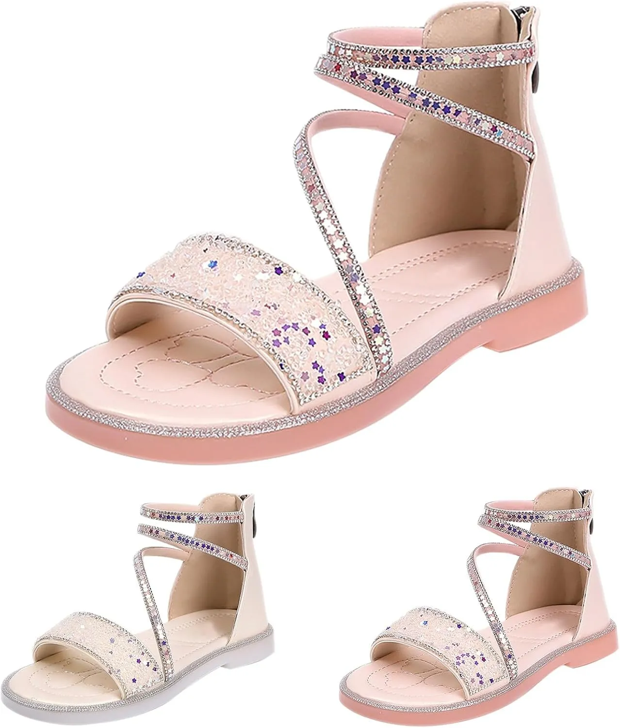Girls Star Glitter Sandals Ankle Straps Open Toe Zipper Kids Sequin Shoes Rubber Lightweight Wedding Outdoor