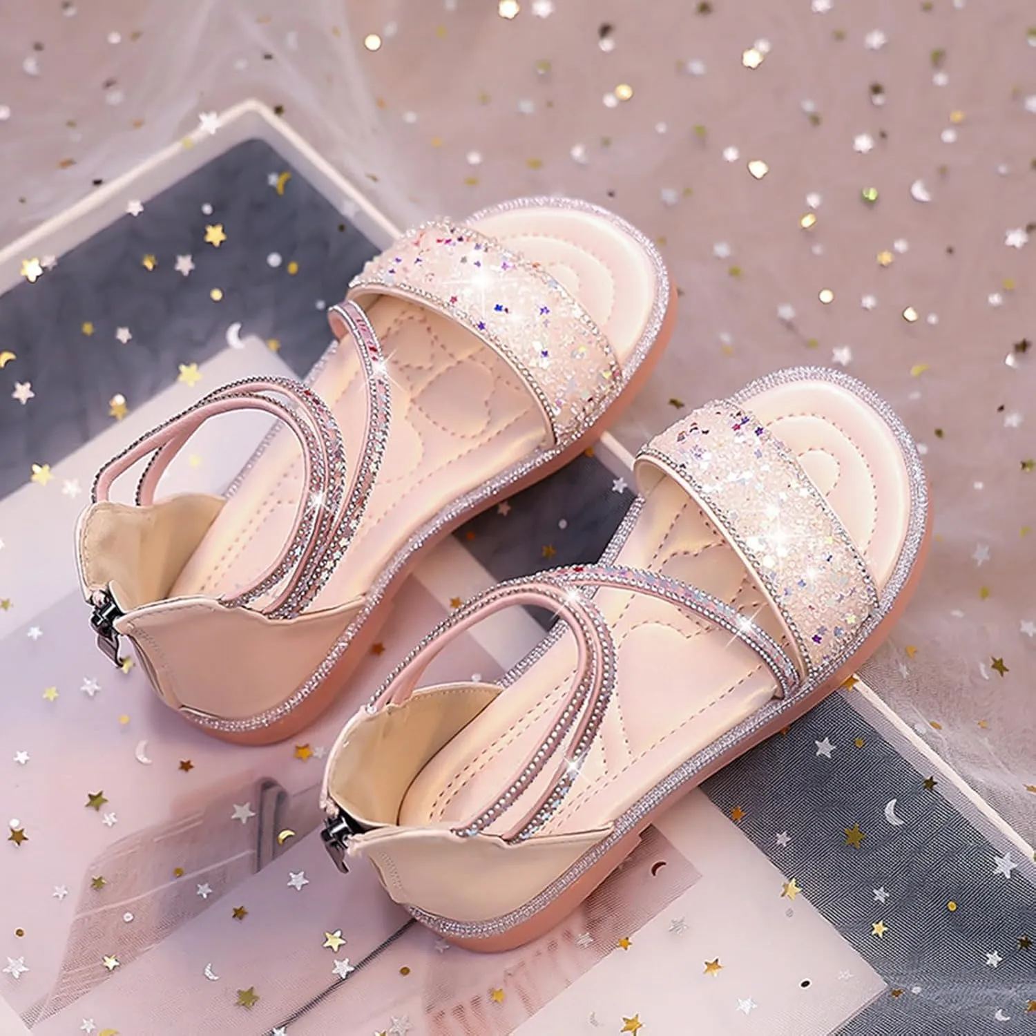 Girls Star Glitter Sandals Ankle Straps Open Toe Zipper Kids Sequin Shoes Rubber Lightweight Wedding Outdoor