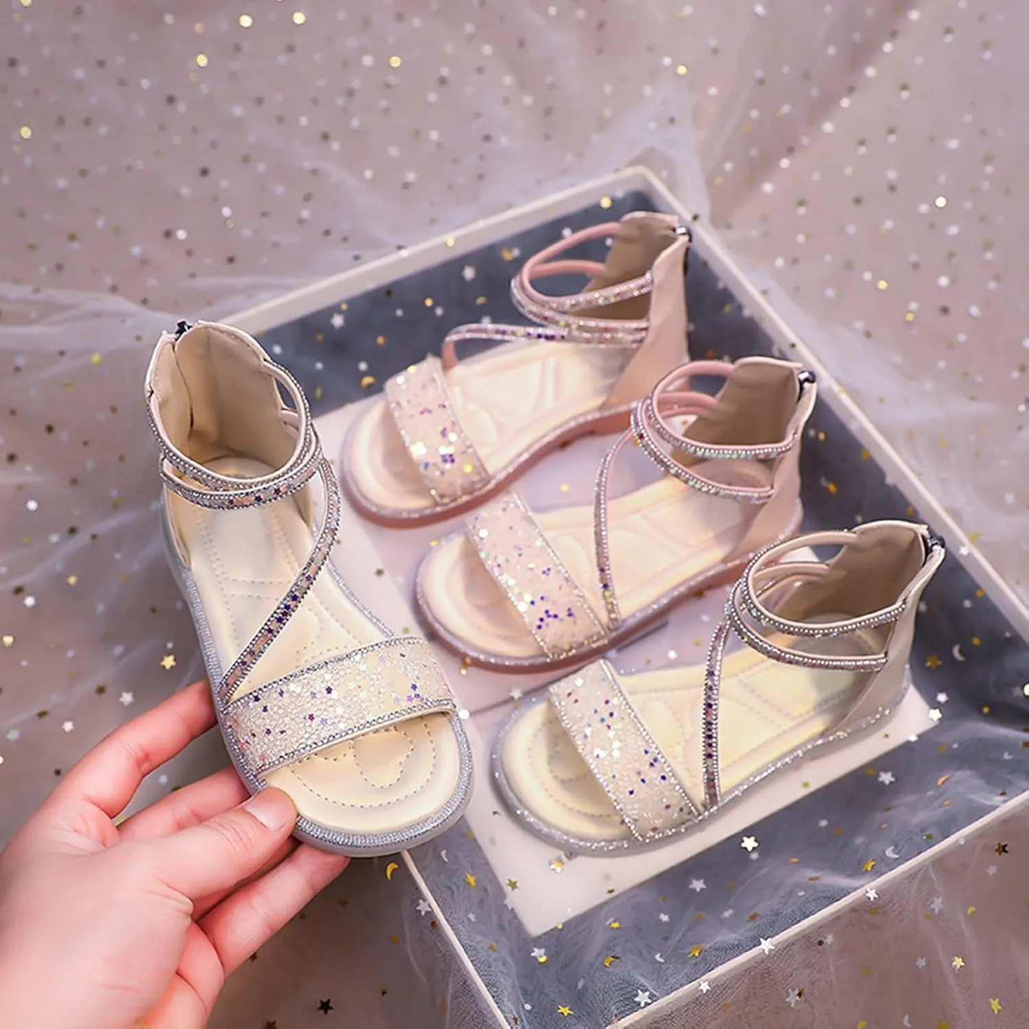 Girls Star Glitter Sandals Ankle Straps Open Toe Zipper Kids Sequin Shoes Rubber Lightweight Wedding Outdoor