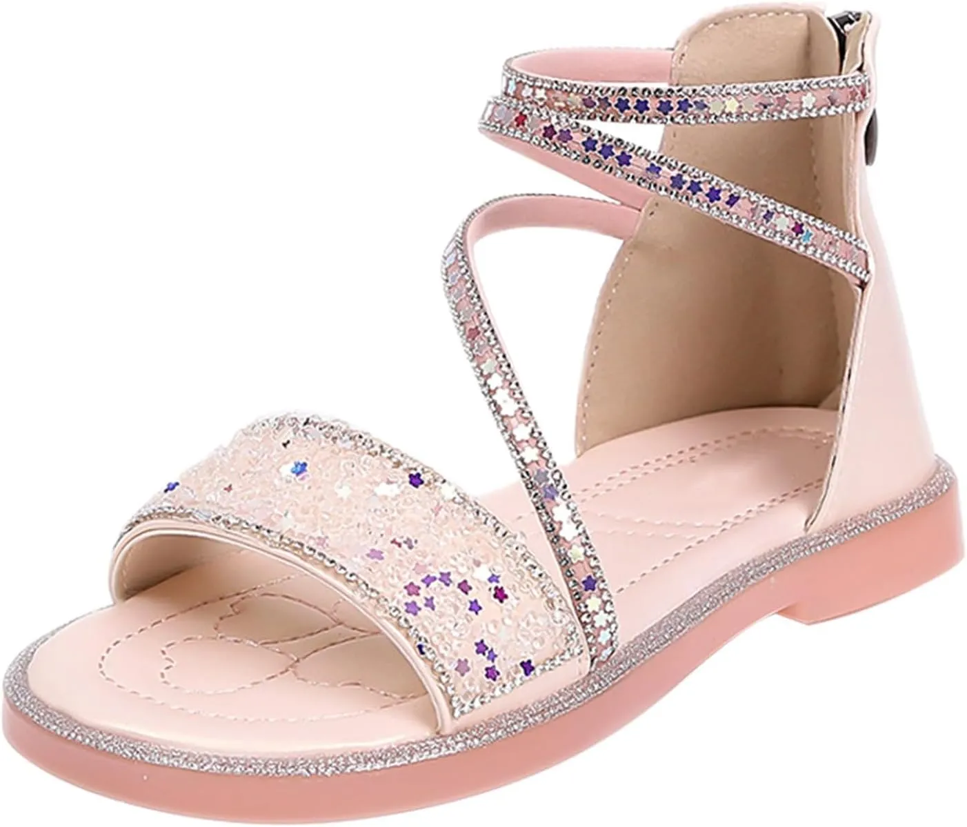 Girls Star Glitter Sandals Ankle Straps Open Toe Zipper Kids Sequin Shoes Rubber Lightweight Wedding Outdoor