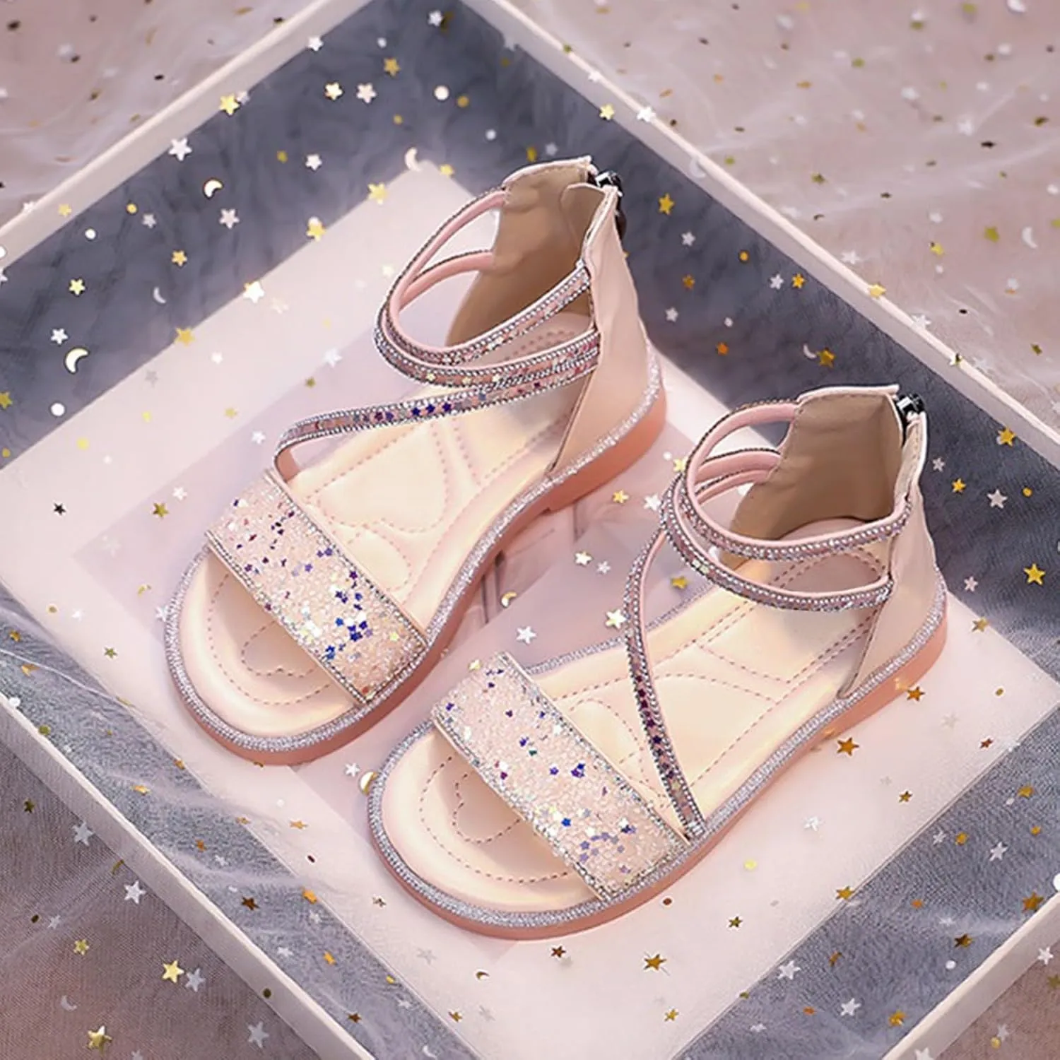 Girls Star Glitter Sandals Ankle Straps Open Toe Zipper Kids Sequin Shoes Rubber Lightweight Wedding Outdoor