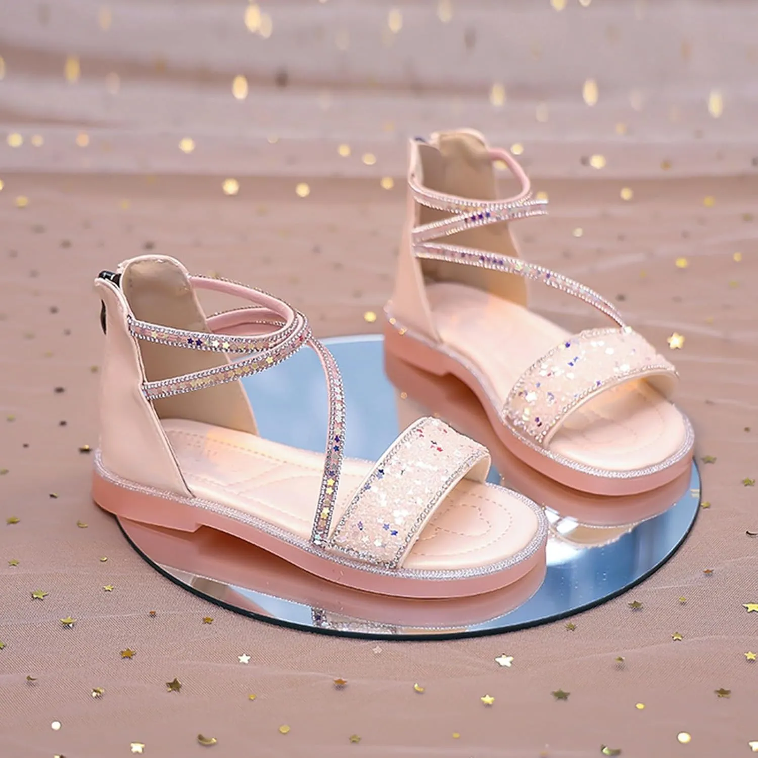 Girls Star Glitter Sandals Ankle Straps Open Toe Zipper Kids Sequin Shoes Rubber Lightweight Wedding Outdoor