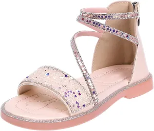 Girls Star Glitter Sandals Ankle Straps Open Toe Zipper Kids Sequin Shoes Rubber Lightweight Wedding Outdoor