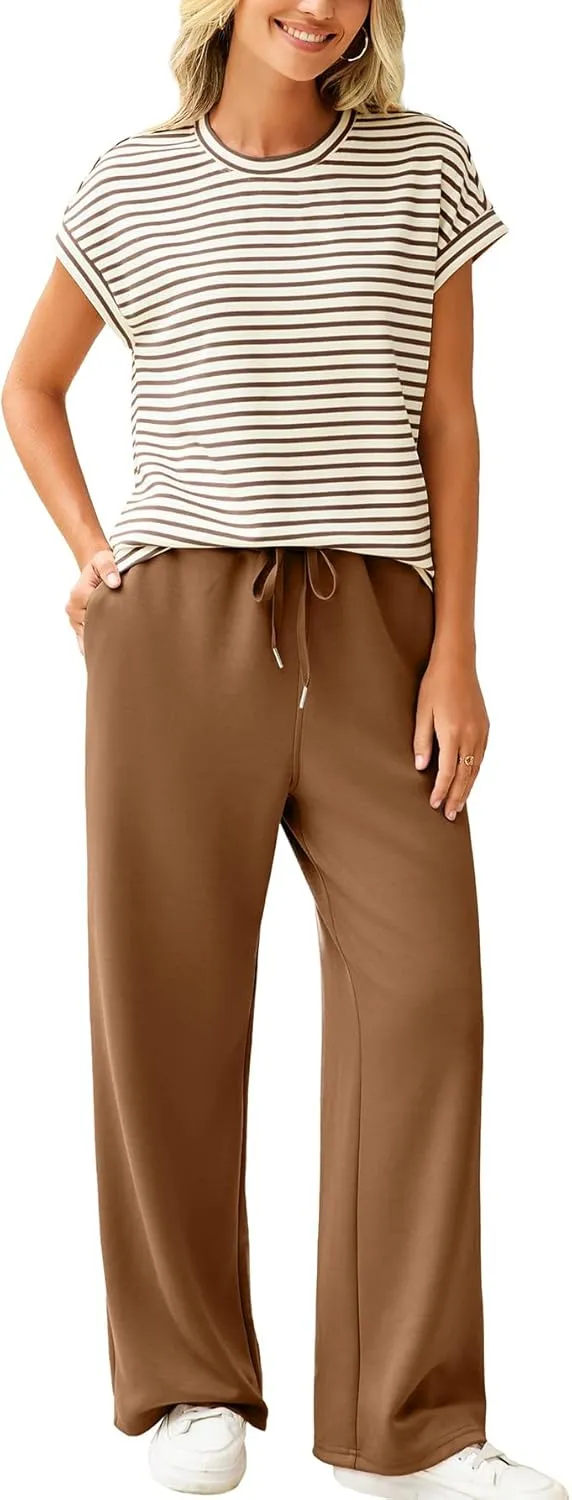 Glamaker Women's 2 Piece Sets Striped Summer Outfits Short Sleeve Shirts Wide Leg Pants Casual Lounge Sweatsuits