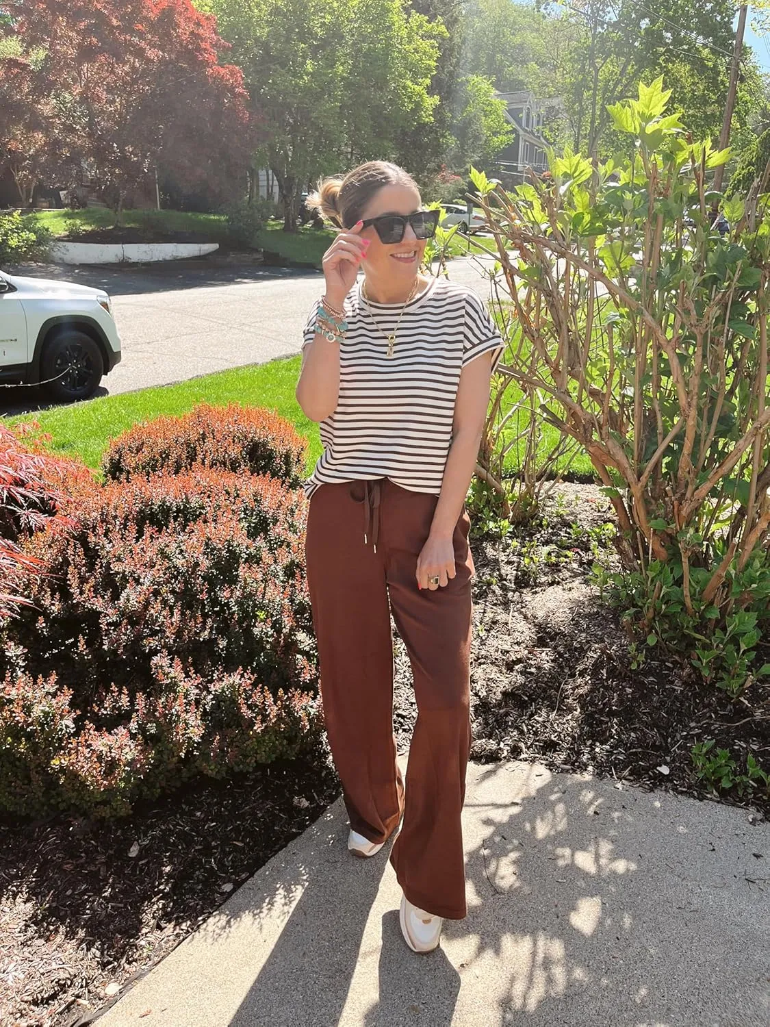 Glamaker Women's 2 Piece Sets Striped Summer Outfits Short Sleeve Shirts Wide Leg Pants Casual Lounge Sweatsuits