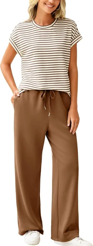 Glamaker Women's 2 Piece Sets Striped Summer Outfits Short Sleeve Shirts Wide Leg Pants Casual Lounge Sweatsuits