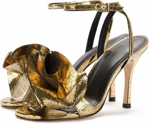 Gold Sexy Women's Stiletto Sandals with Rose, Large Size Fashion Peep Toe High Heels for Banquet, Party And Catwalks