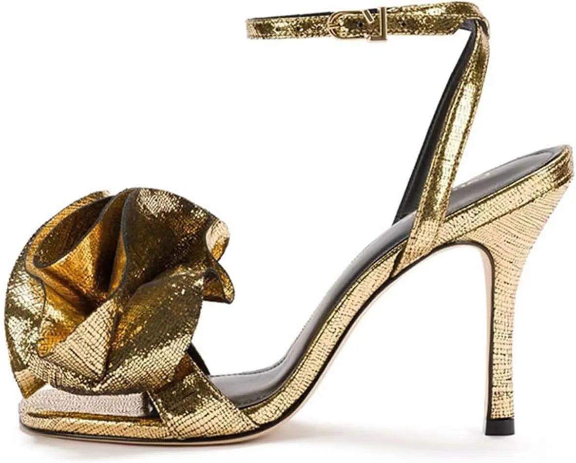 Gold Sexy Women's Stiletto Sandals with Rose, Large Size Fashion Peep Toe High Heels for Banquet, Party And Catwalks