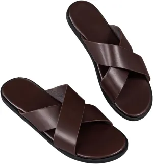 GORGLITTER Men's Criss Cross Double Band Slippers Round Open Toe Pu Leather Slippers Brown 11
