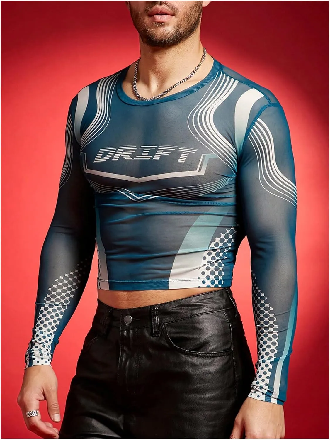 GORGLITTER Men's Letter Striped Print Mesh Shirts Crewneck Long Sleeve Crop Tee Shirts
