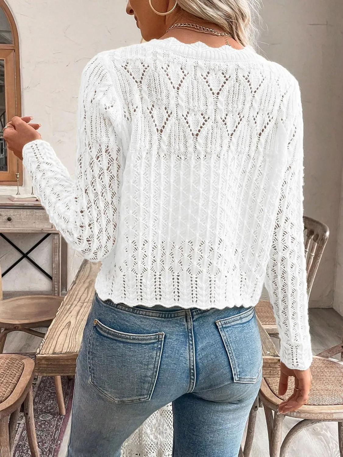 GORGLITTER Women's Button Up Crochet Lightweight Long Sleeve Cardigan Sweaters Hollow Out Knit Tops