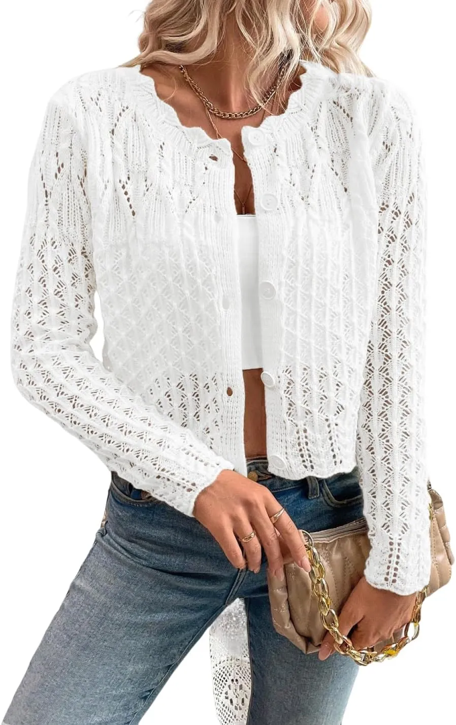 GORGLITTER Women's Button Up Crochet Lightweight Long Sleeve Cardigan Sweaters Hollow Out Knit Tops