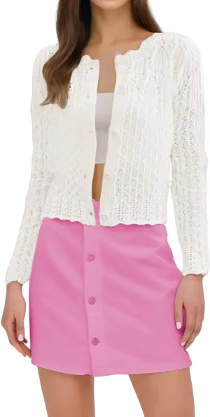GORGLITTER Women's Button Up Crochet Lightweight Long Sleeve Cardigan Sweaters Hollow Out Knit Tops