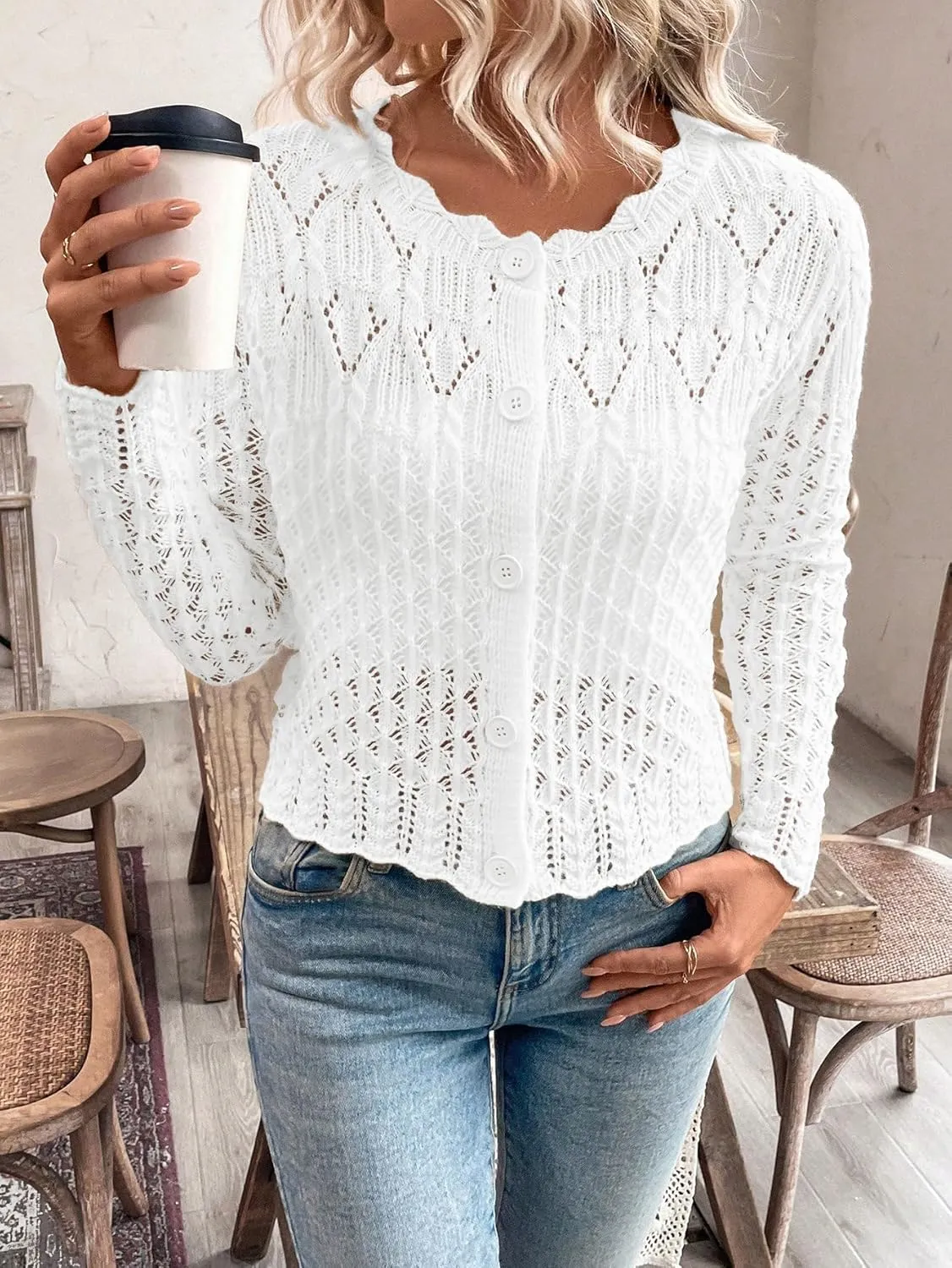 GORGLITTER Women's Button Up Crochet Lightweight Long Sleeve Cardigan Sweaters Hollow Out Knit Tops