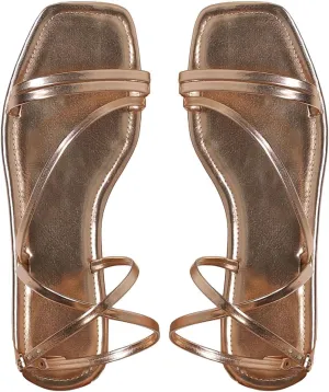 GORGLITTER Women's Metallic Strappy Sandals Dressy Square Open Toe Vacation Summer Flats Sandals
