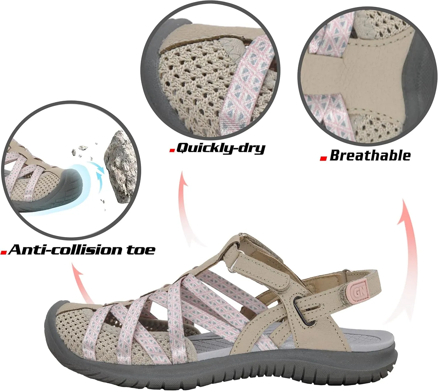 GRITION Hiking Sandals Women Closed Toe, Waterproof Lightweight Adjustable Hiking Athletic Sandals, Breathable For Beach Summer Adventure Comfortable Outdoor Sport