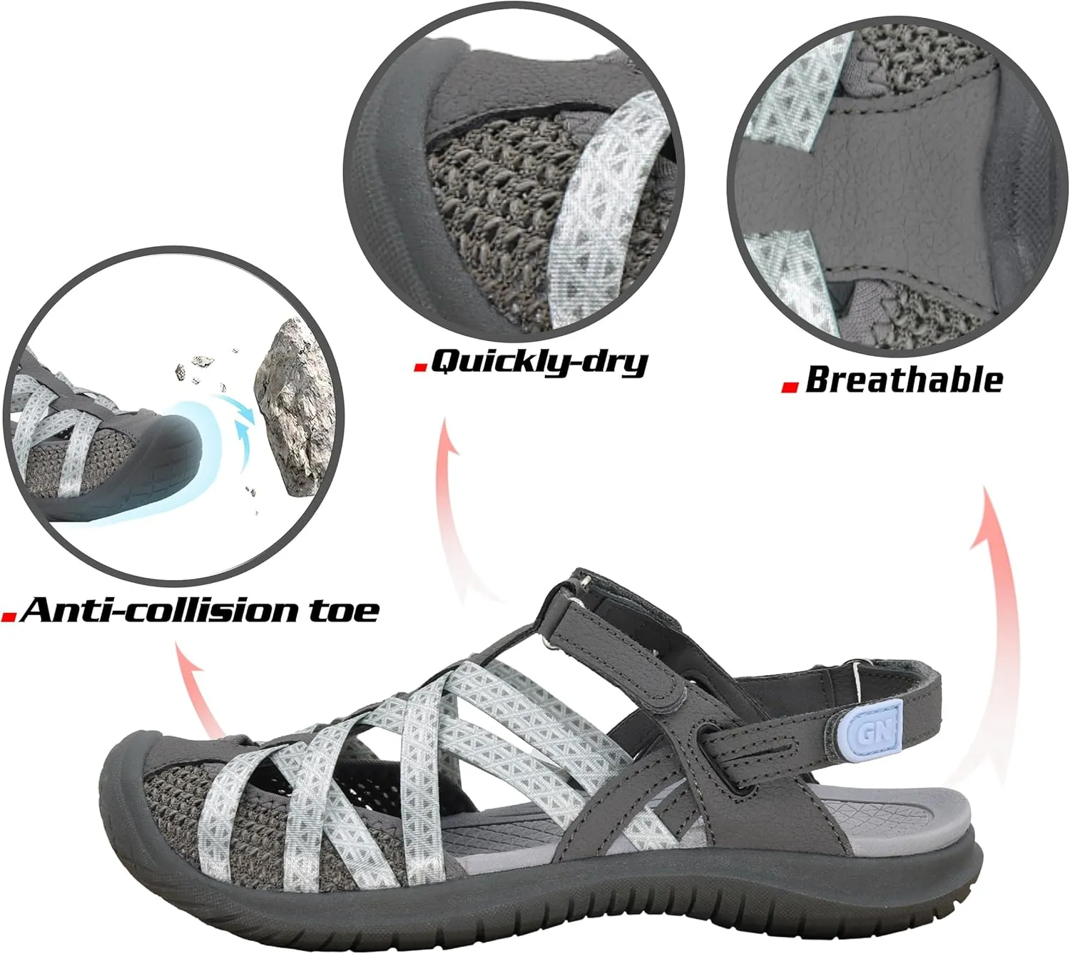GRITION Hiking Sandals Women Closed Toe, Waterproof Lightweight Adjustable Hiking Athletic Sandals, Breathable For Beach Summer Adventure Comfortable Outdoor Sport