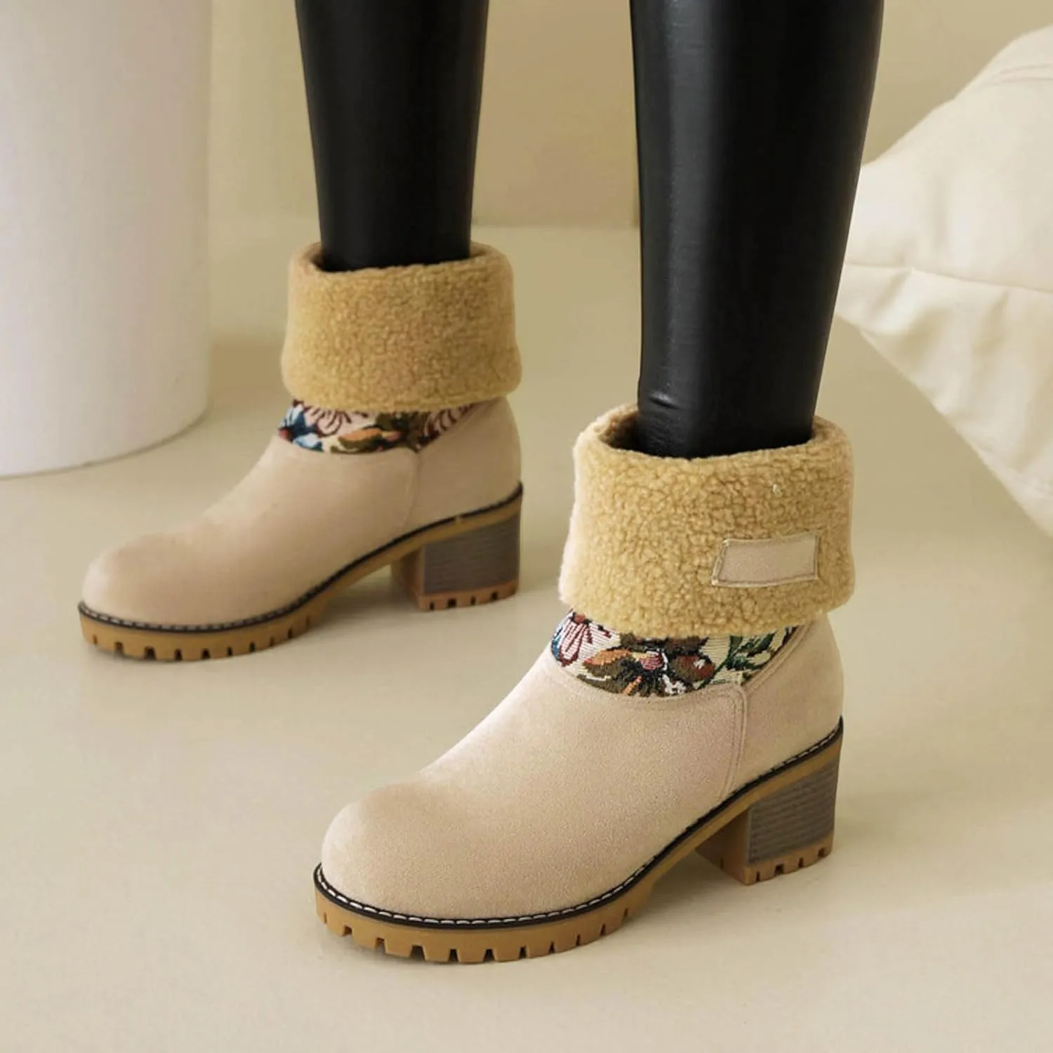 GUNIYIFS Womens Winter Snow Boots Chunky Heel Fleece Lined Warm Boots Slip On Faux Suede Mid Calf Ankle Boots Outdoor Shoes