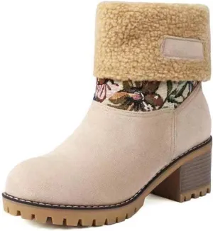 GUNIYIFS Womens Winter Snow Boots Chunky Heel Fleece Lined Warm Boots Slip On Faux Suede Mid Calf Ankle Boots Outdoor Shoes