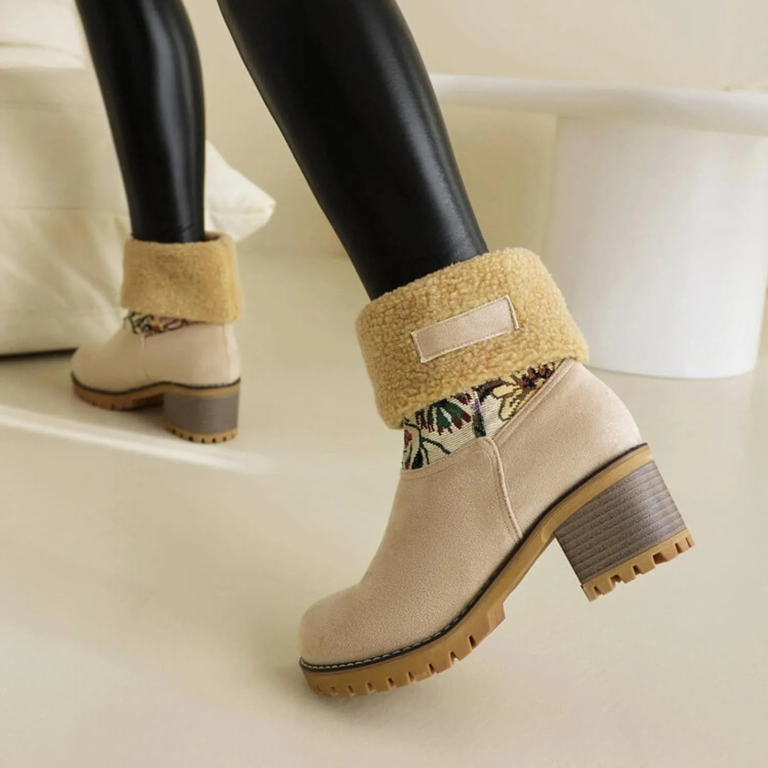 GUNIYIFS Womens Winter Snow Boots Chunky Heel Fleece Lined Warm Boots Slip On Faux Suede Mid Calf Ankle Boots Outdoor Shoes