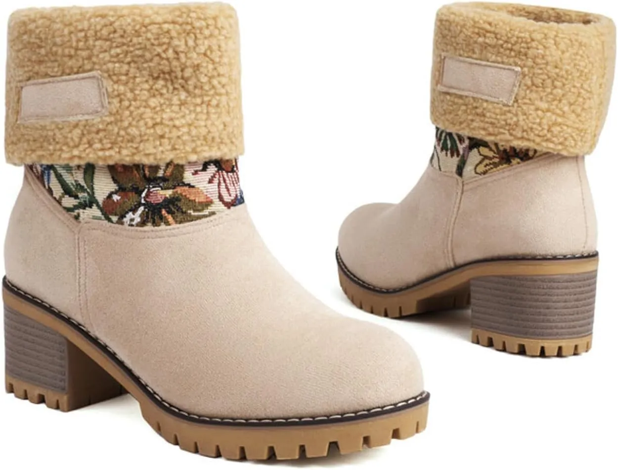 GUNIYIFS Womens Winter Snow Boots Chunky Heel Fleece Lined Warm Boots Slip On Faux Suede Mid Calf Ankle Boots Outdoor Shoes