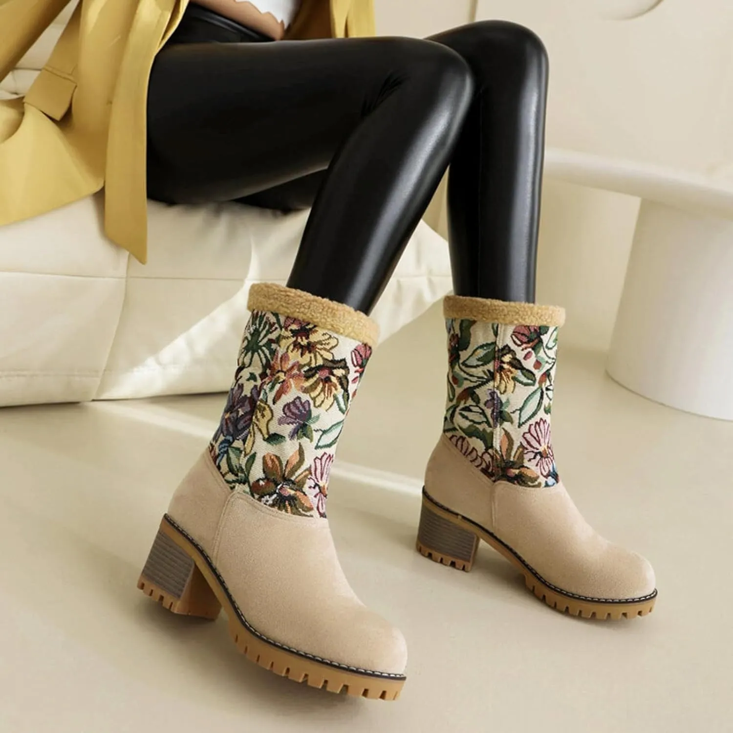 GUNIYIFS Womens Winter Snow Boots Chunky Heel Fleece Lined Warm Boots Slip On Faux Suede Mid Calf Ankle Boots Outdoor Shoes