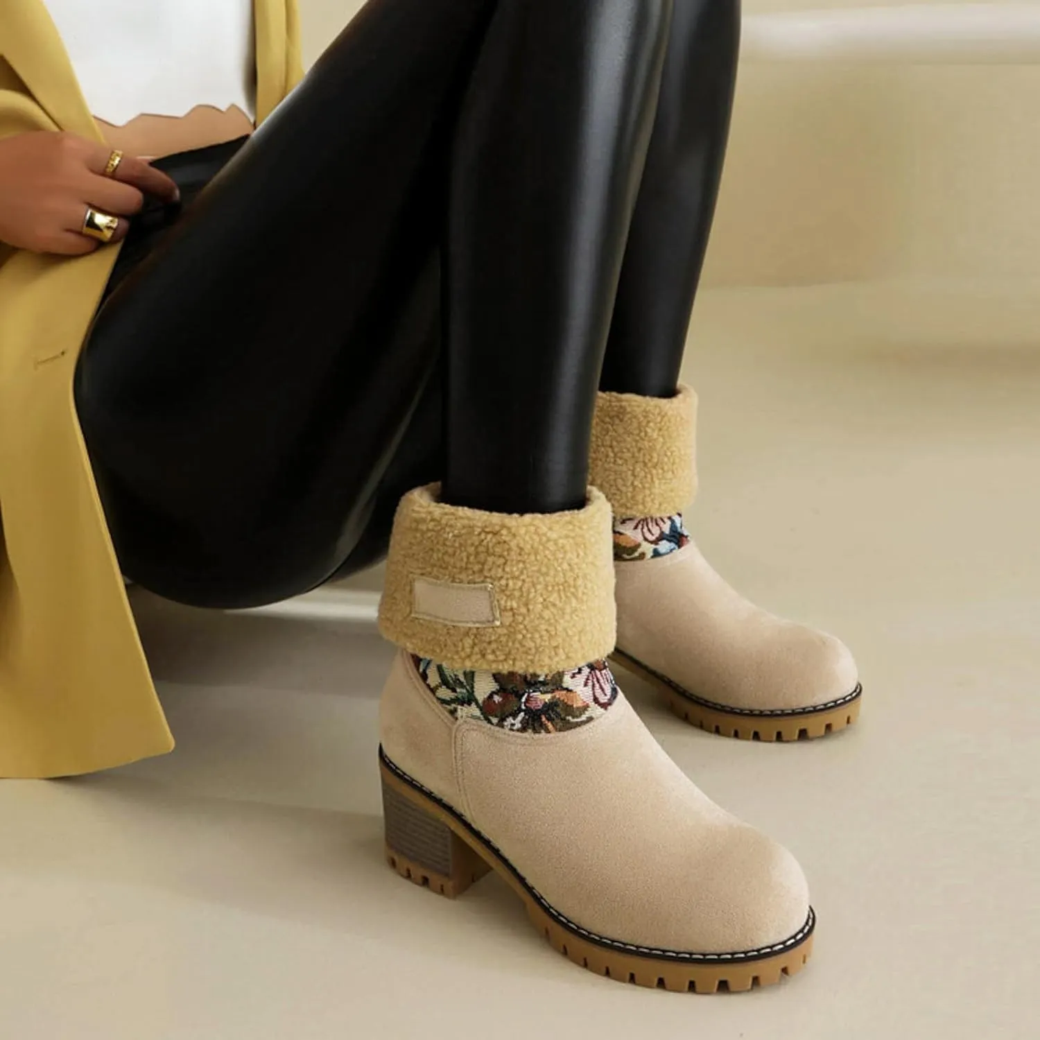 GUNIYIFS Womens Winter Snow Boots Chunky Heel Fleece Lined Warm Boots Slip On Faux Suede Mid Calf Ankle Boots Outdoor Shoes