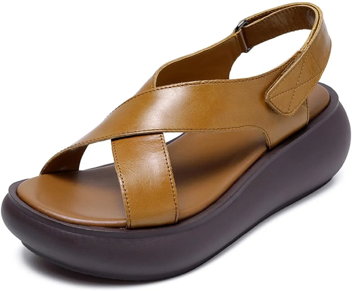 Handmade Genuine Leather Thick-Soled Wedge Sandals, Fashionable Retro Style Non-Slip Thick Heel Round Open Toe Sandals with Adjustable Hook and Loop, Suitable for Daily Wear