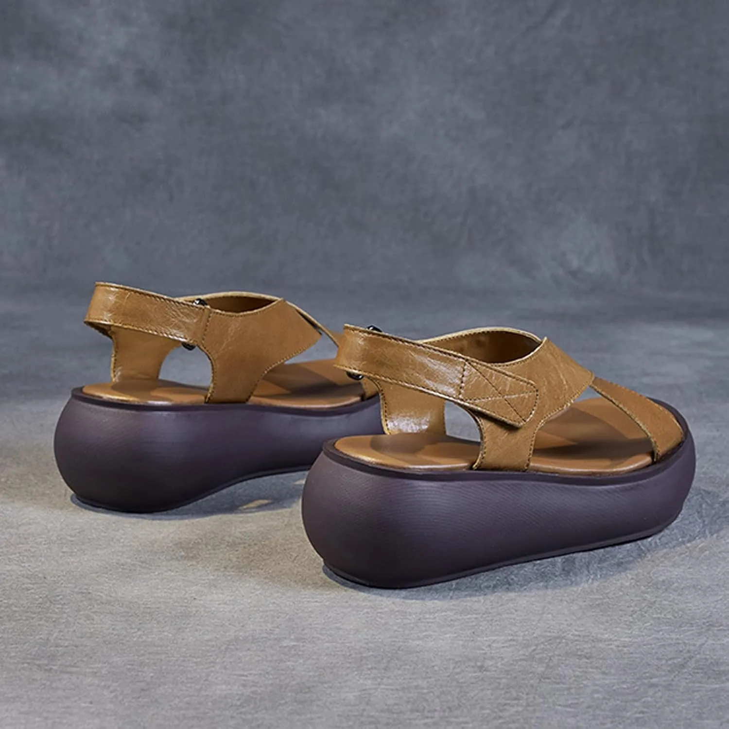 Handmade Genuine Leather Thick-Soled Wedge Sandals, Fashionable Retro Style Non-Slip Thick Heel Round Open Toe Sandals with Adjustable Hook and Loop, Suitable for Daily Wear