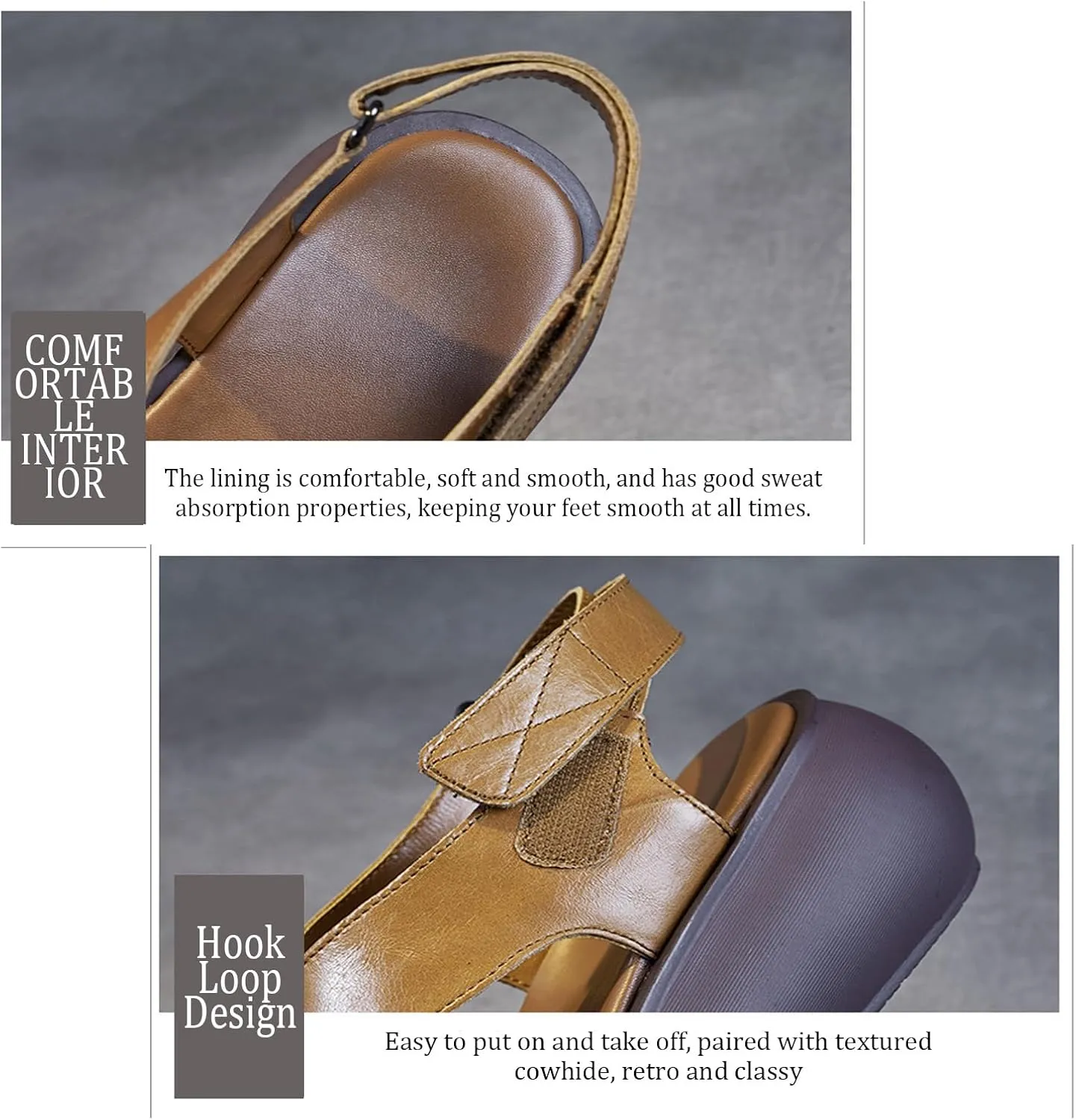 Handmade Genuine Leather Thick-Soled Wedge Sandals, Fashionable Retro Style Non-Slip Thick Heel Round Open Toe Sandals with Adjustable Hook and Loop, Suitable for Daily Wear