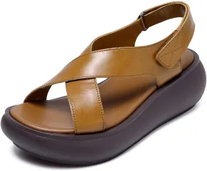 Handmade Genuine Leather Thick-Soled Wedge Sandals, Fashionable Retro Style Non-Slip Thick Heel Round Open Toe Sandals with Adjustable Hook and Loop, Suitable for Daily Wear