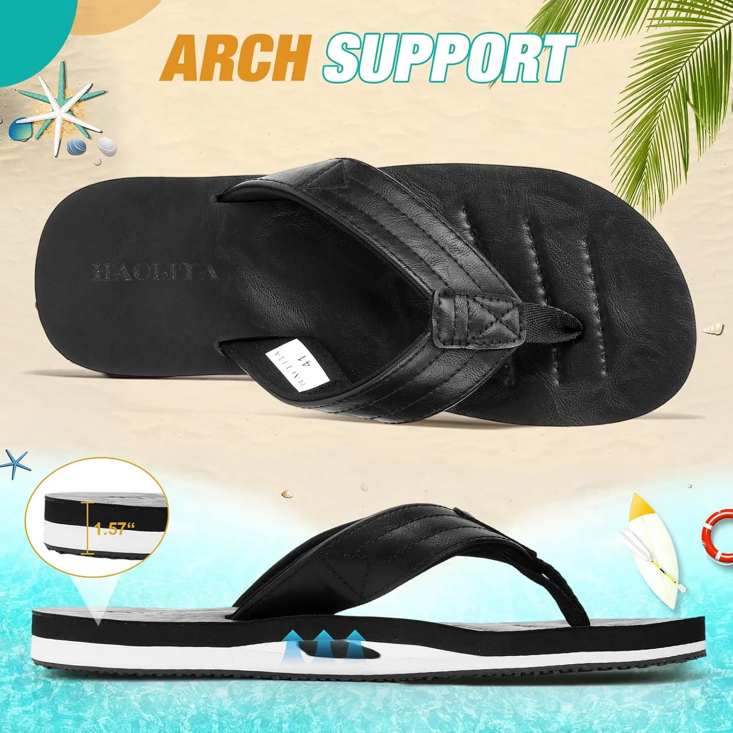 HAOLIRA Mens Flip Flops Arch Support Soft Cushion Footbed Walking Leather Thong Sandals Waterproof Lightweight Slip on Slippers for Summer Beach Indoor Outdoor