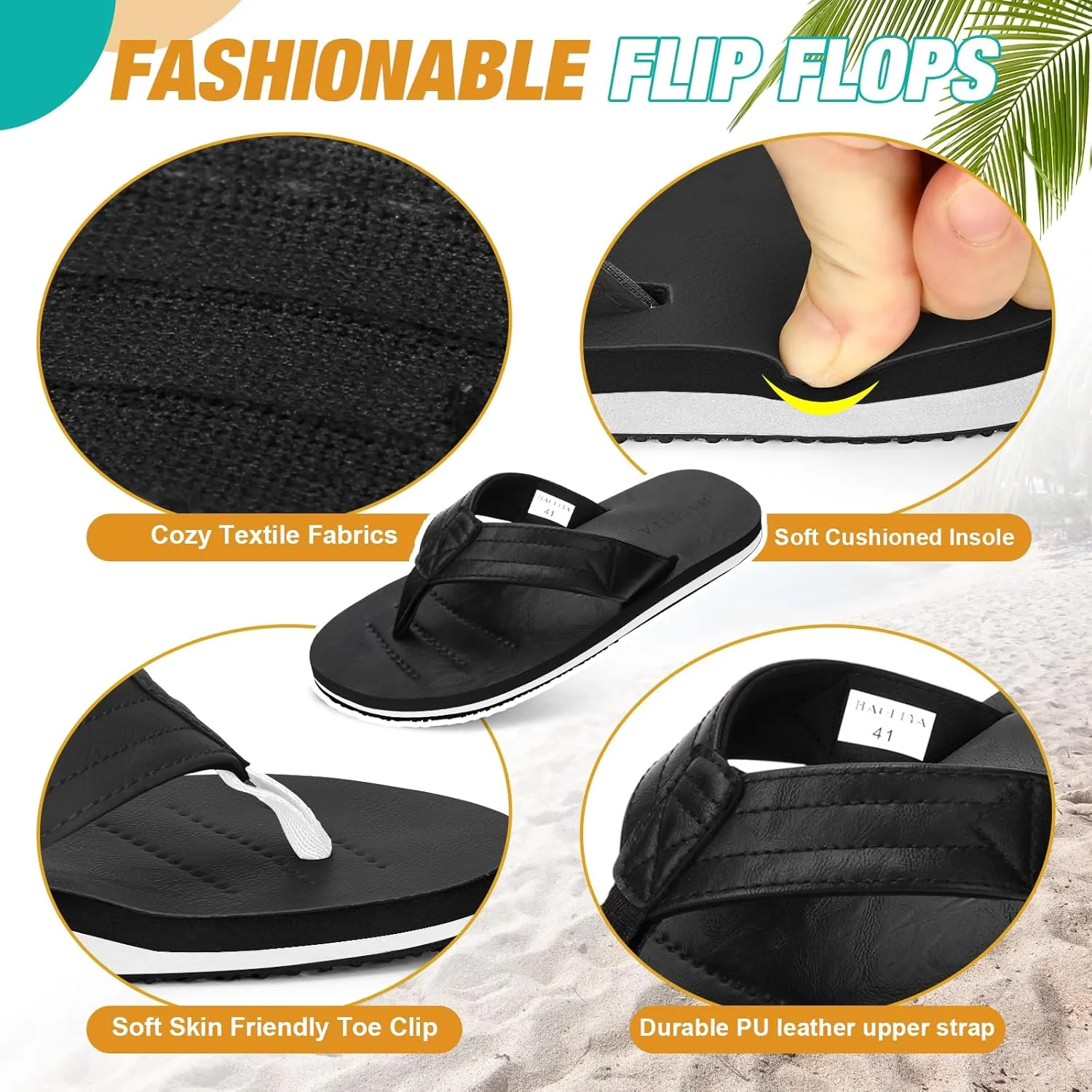HAOLIRA Mens Flip Flops Arch Support Soft Cushion Footbed Walking Leather Thong Sandals Waterproof Lightweight Slip on Slippers for Summer Beach Indoor Outdoor