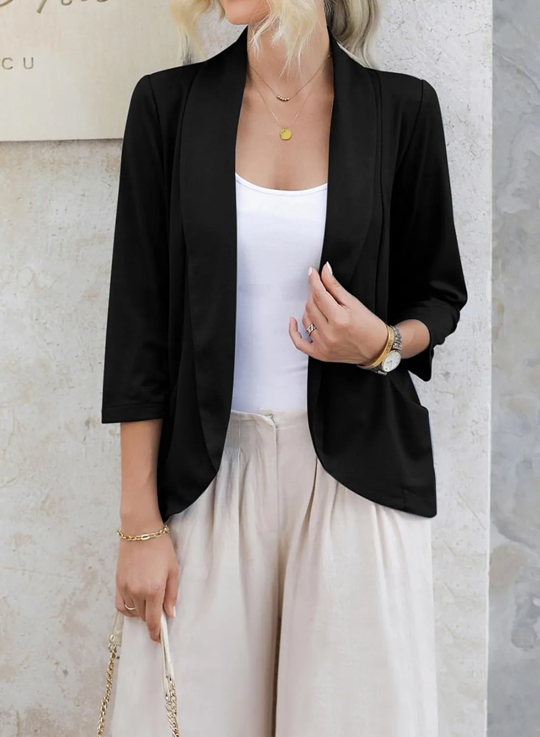 Happy Sailed Womens 3/4 Sleeve Blazers Lightweight Open Front Cardigan Jacket Office Work Suits