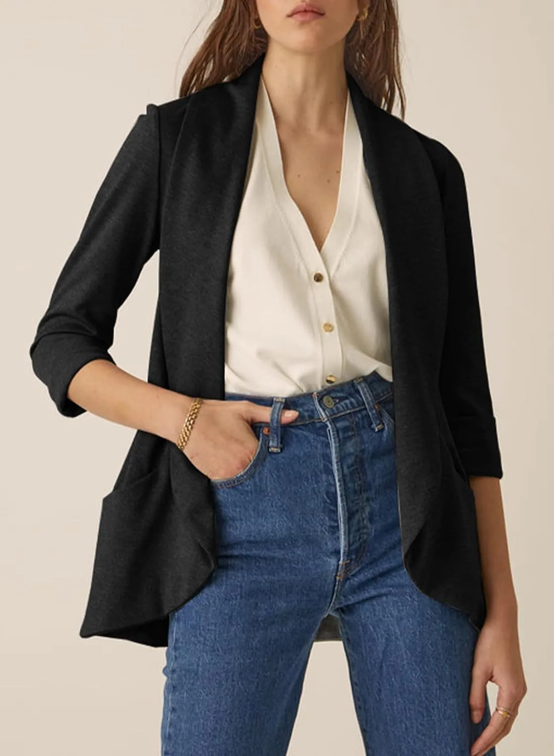 Happy Sailed Womens 3/4 Sleeve Blazers Lightweight Open Front Cardigan Jacket Office Work Suits