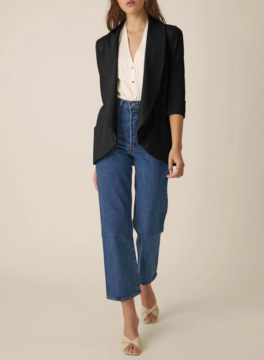 Happy Sailed Womens 3/4 Sleeve Blazers Lightweight Open Front Cardigan Jacket Office Work Suits