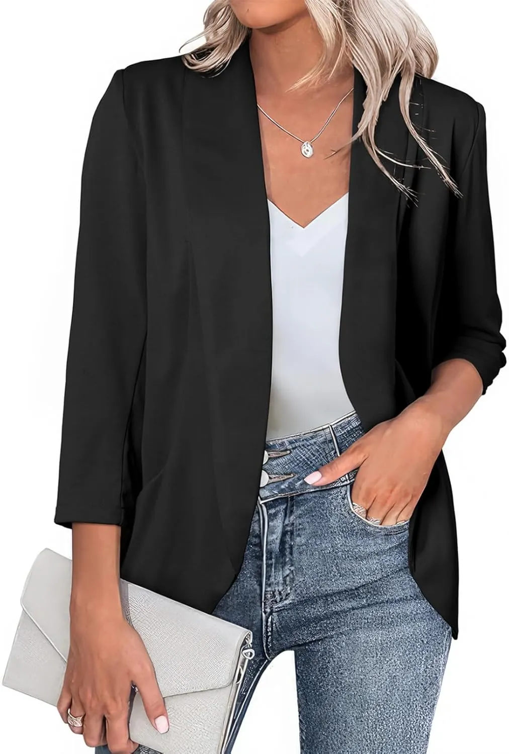 Happy Sailed Womens 3/4 Sleeve Blazers Lightweight Open Front Cardigan Jacket Office Work Suits