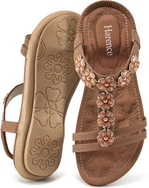 HARENCE Women's Summer Flat Sandals: Comfortable Bohemian Beaded Flats Shoes Elastic Ankle T-Strap Casual Slip on Beach Dress Sandals for Women