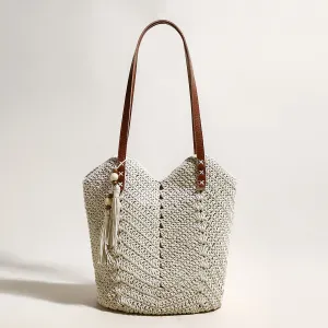 Hassle-free Leather Tote Bag Chic Strap White Exclusive options Boho Crochet