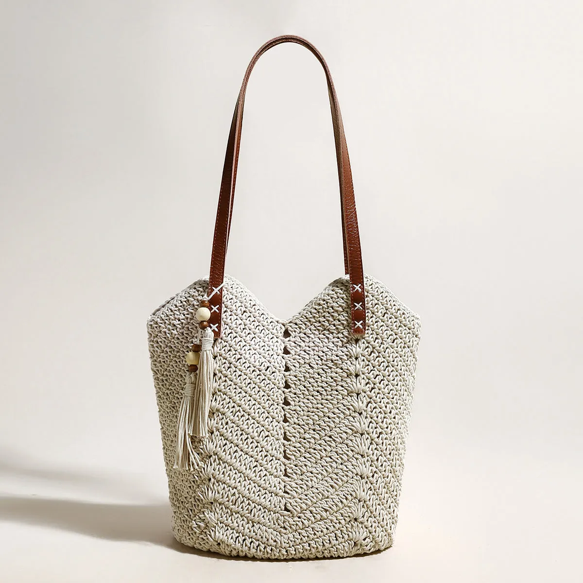 Hassle-free Leather Tote Bag Chic Strap White Exclusive options Boho Crochet