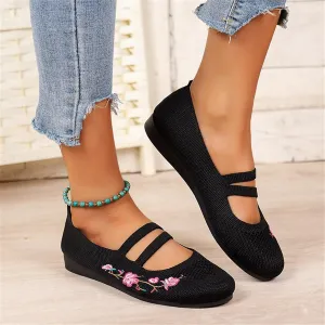 Hbeylia Slip On Flower Embroidered Loafers for Women Knit Mesh Air Ballet Flats Ethnic Retro Boho Slip On Loafers Low Bottom Lightweight Dress Shoes for Women Ladies Vacation Work Nurse