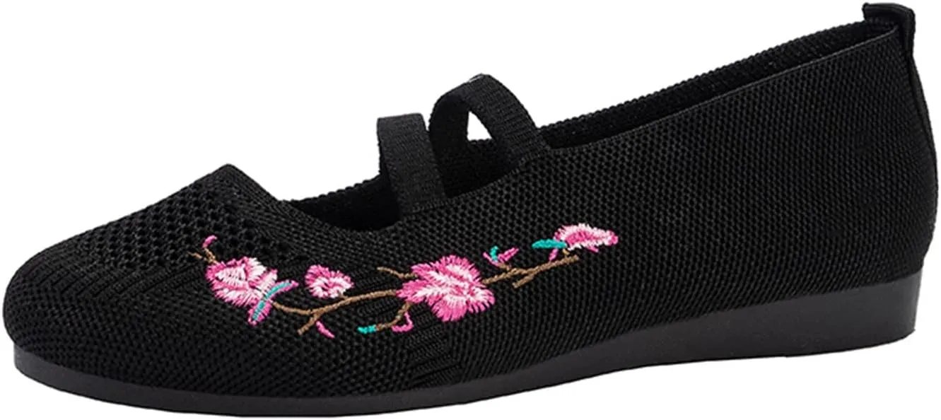 Hbeylia Slip On Flower Embroidered Loafers for Women Knit Mesh Air Ballet Flats Ethnic Retro Boho Slip On Loafers Low Bottom Lightweight Dress Shoes for Women Ladies Vacation Work Nurse