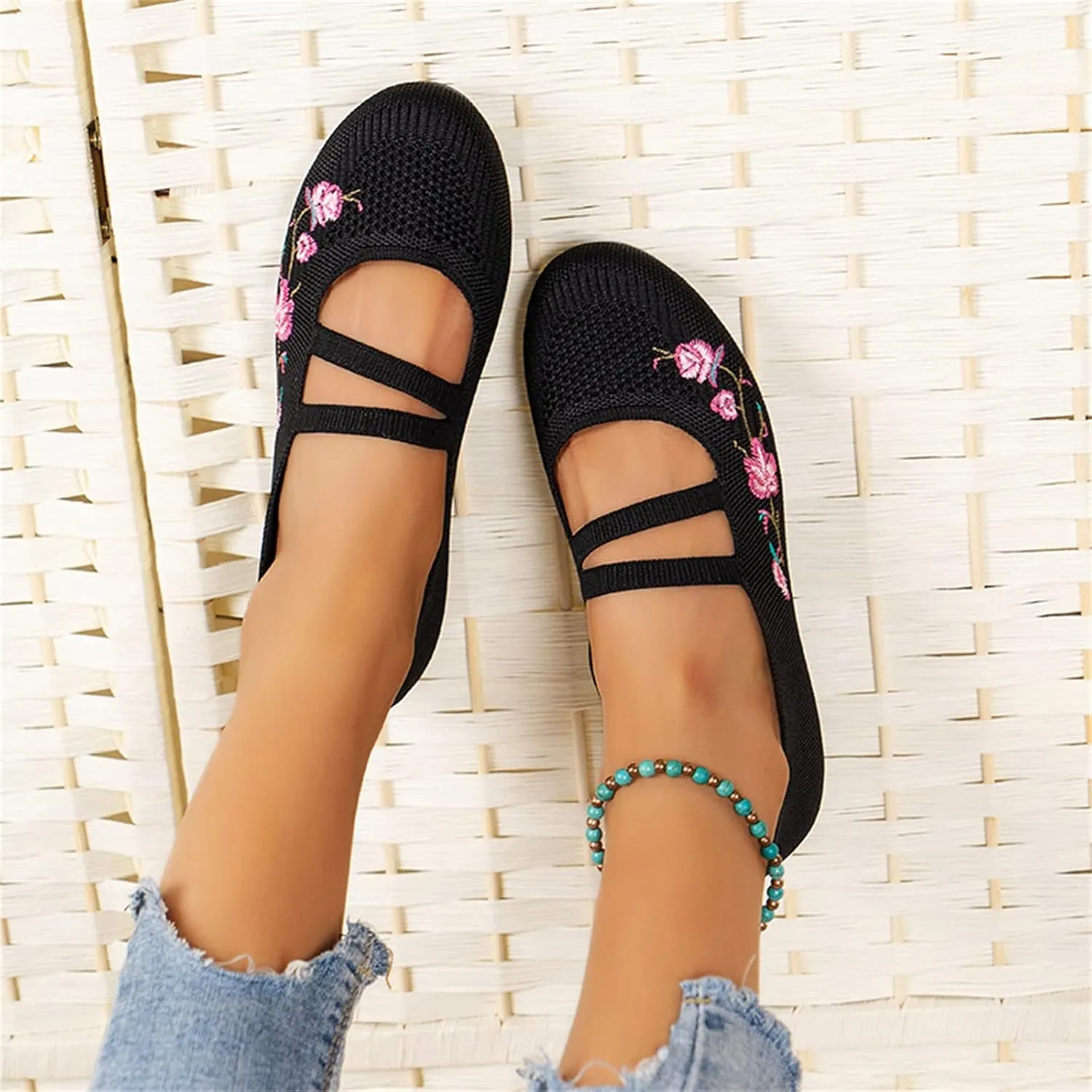 Hbeylia Slip On Flower Embroidered Loafers for Women Knit Mesh Air Ballet Flats Ethnic Retro Boho Slip On Loafers Low Bottom Lightweight Dress Shoes for Women Ladies Vacation Work Nurse