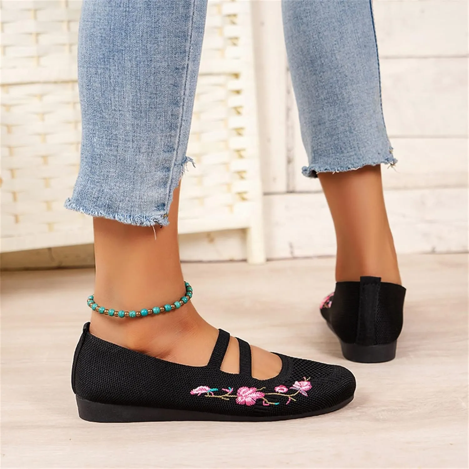 Hbeylia Slip On Flower Embroidered Loafers for Women Knit Mesh Air Ballet Flats Ethnic Retro Boho Slip On Loafers Low Bottom Lightweight Dress Shoes for Women Ladies Vacation Work Nurse