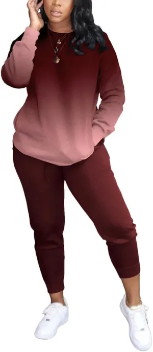 HBQ Two Piece Outfits For Women Casual Long Sleeve Sweatsuits Jogger Tracksuits Lounge Sets With Pockets-Gradient-L